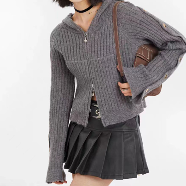 レディースカーディガン ショート丈 二重ファスナー ニット カーディガン フード付き 袖ボタン