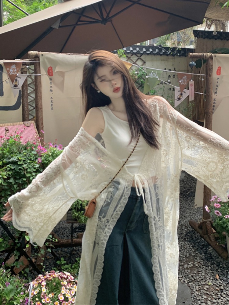 レディースカーディガン 花刺繍レース透かし羽織カーディガン