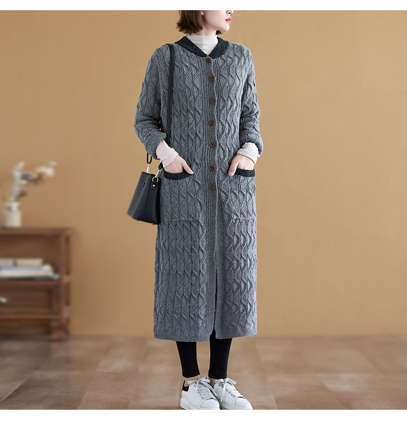 レディースカーディガン ロング丈 ケーブル編みニットカーディガン