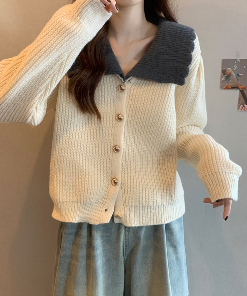 レディースカーディガン ショート丈 ニットカーディガン レディース 配色大きめ襟
