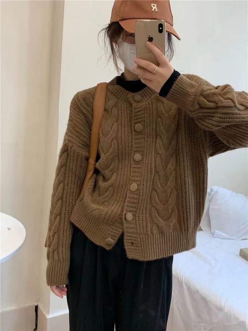 レディースカーディガン ショート丈 ケーブル編みニットカーディガン ゆったり体型カバー厚手羽織り