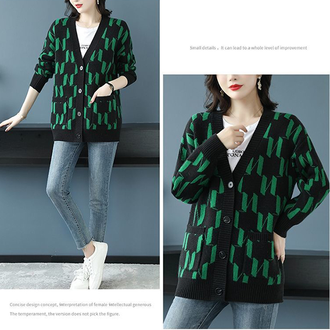 レディースカーディガン ミドル丈 モノグラム柄 ブイネック カーディガン 羽織り