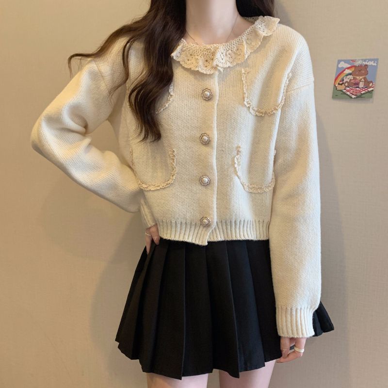 レディースカーディガン ショート丈 長袖ニットカーディガン レース襟