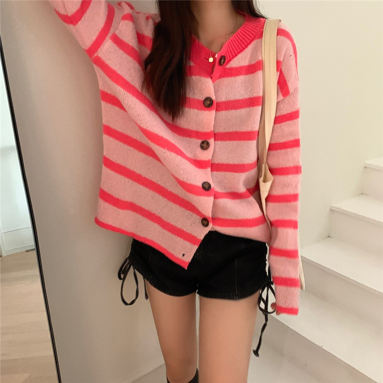 レディースカーディガン おしゃれ ボーダー柄 ミドル丈 ニットカーディガン