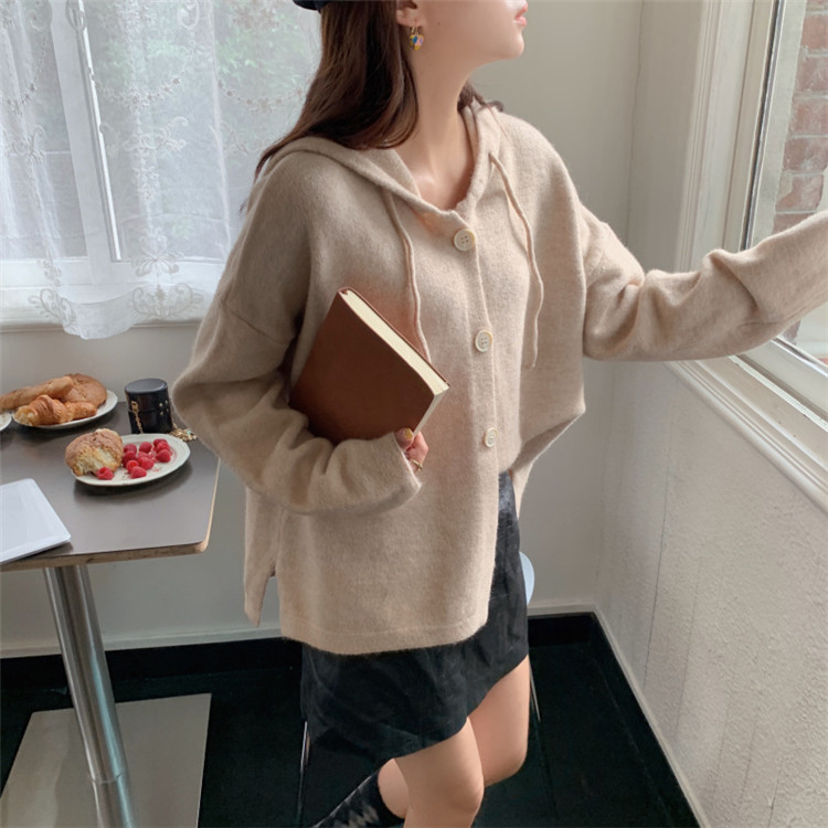 レディースカーディガン フード付きミドル丈ニットカーディガン レイヤード万能アイテム