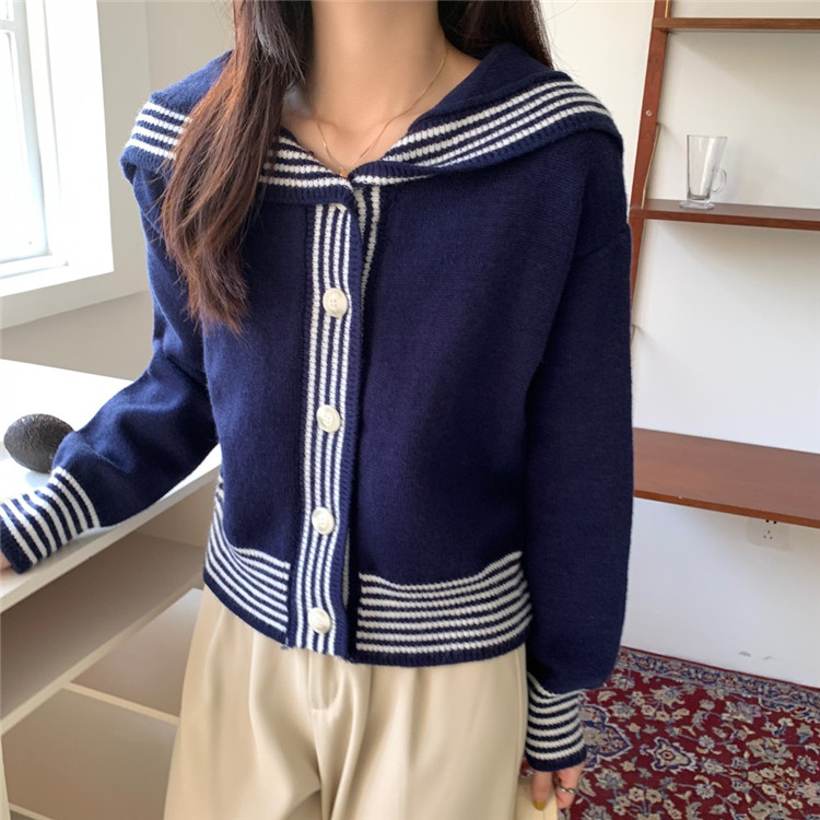 レディースカーディガン 学院風ミドル丈セーラー襟ニットカーディガン