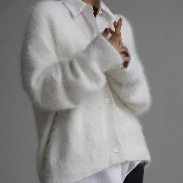 レディースカーディガン ミドル丈 ふわふわシャギー ブイネック カーディガン