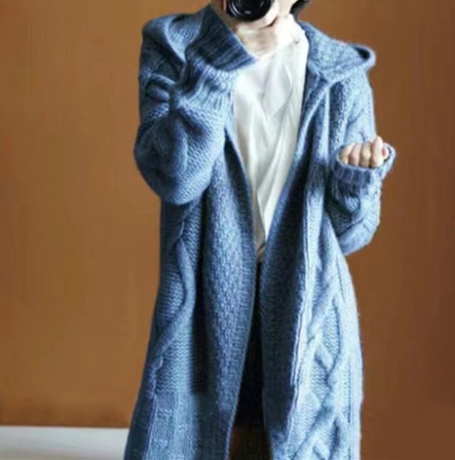 レディースカーディガン ロング丈 ケーブル編みフード付きカーディガン羽織りニット