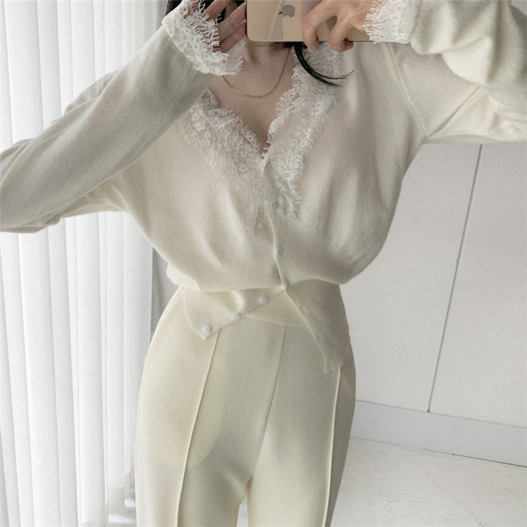 レディースカーディガン レース襟ショート丈ニットカーディガン 長袖 可愛い系