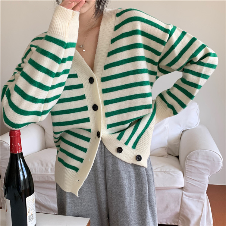 レディースカーディガン 上品ボーダー柄ショート丈カーディガン