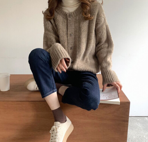 レディースカーディガン 秋冬ケーブル編みショート丈ニットカーディガン