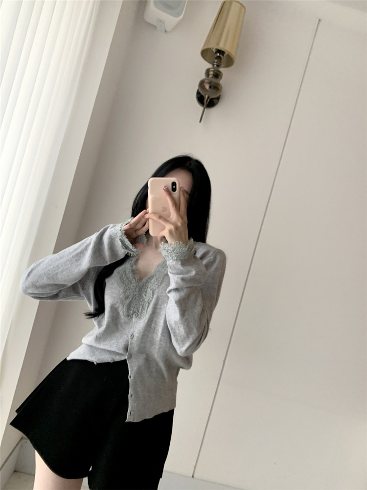 レディースカーディガン レース襟ショート丈ニットカーディガン 長袖 可愛い系