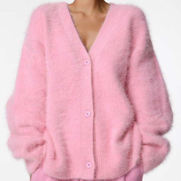 レディースカーディガン ミドル丈 ふわふわシャギー ブイネック カーディガン