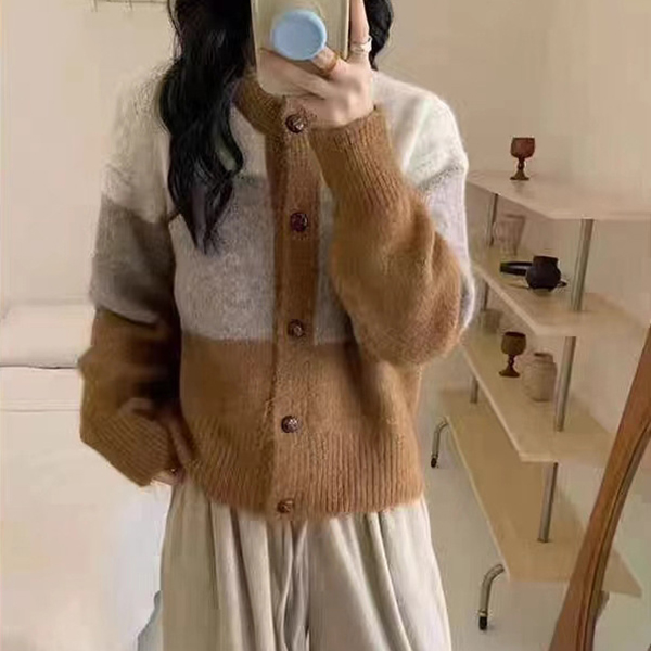 レディースカーディガン ショート丈 配色ニットカーディガン 丸襟 