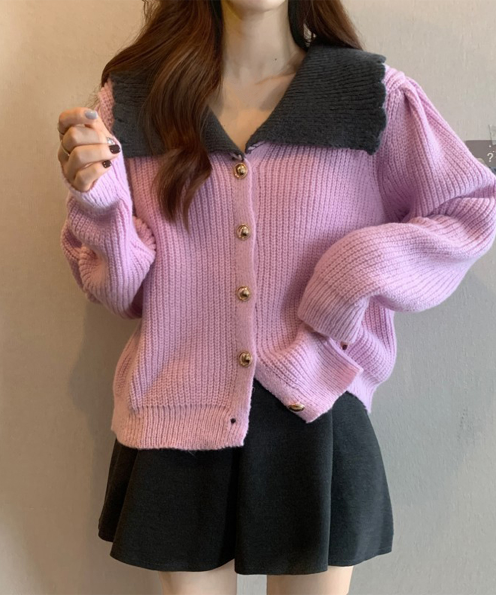 レディースカーディガン ショート丈 ニットカーディガン レディース 配色大きめ襟