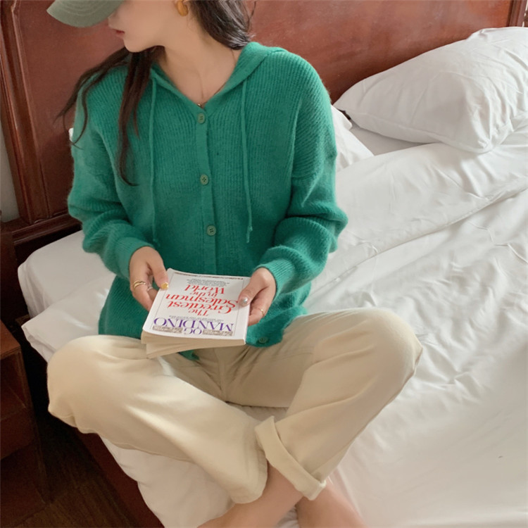 レディースカーディガン ショート丈フード付きニットカーディガン リブ編み純色