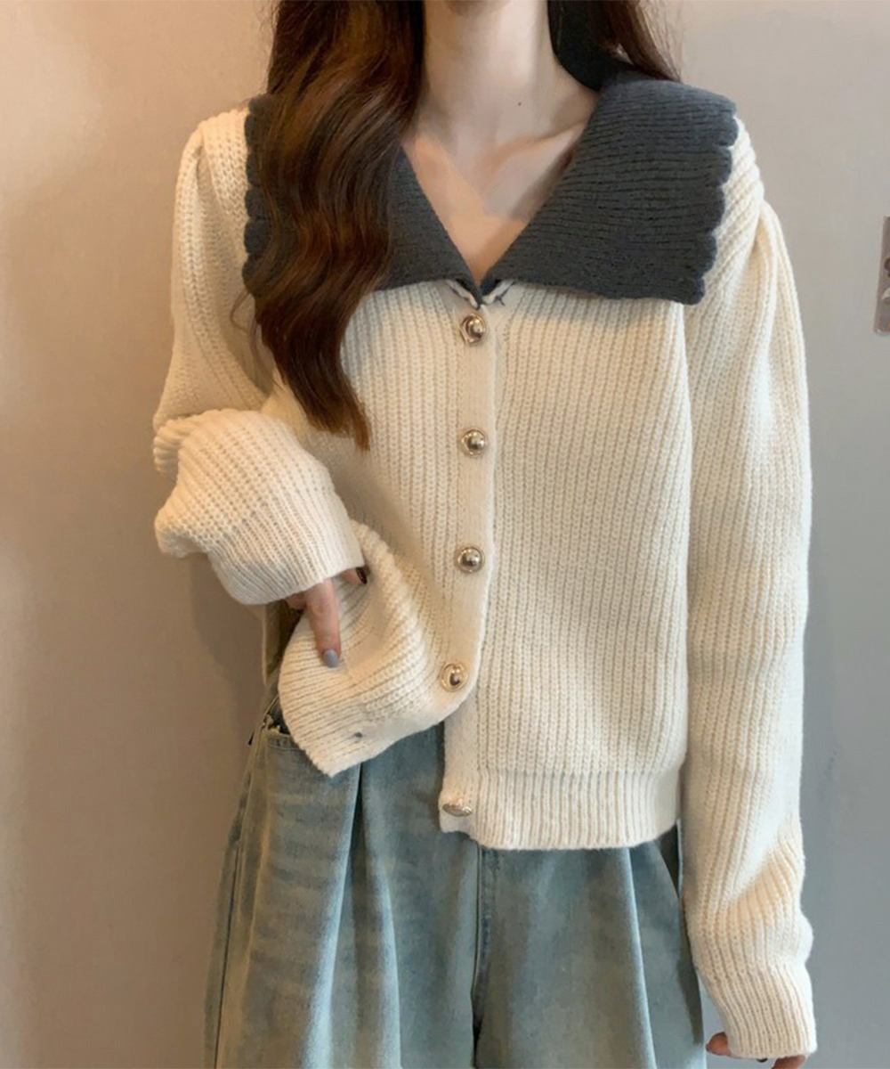 レディースカーディガン ショート丈 ニットカーディガン レディース 配色大きめ襟