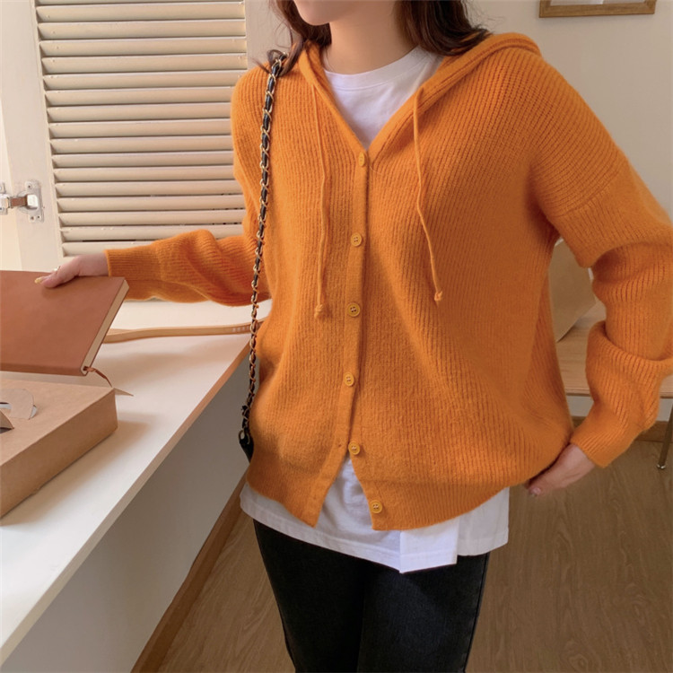 レディースカーディガン ショート丈フード付きニットカーディガン リブ編み純色