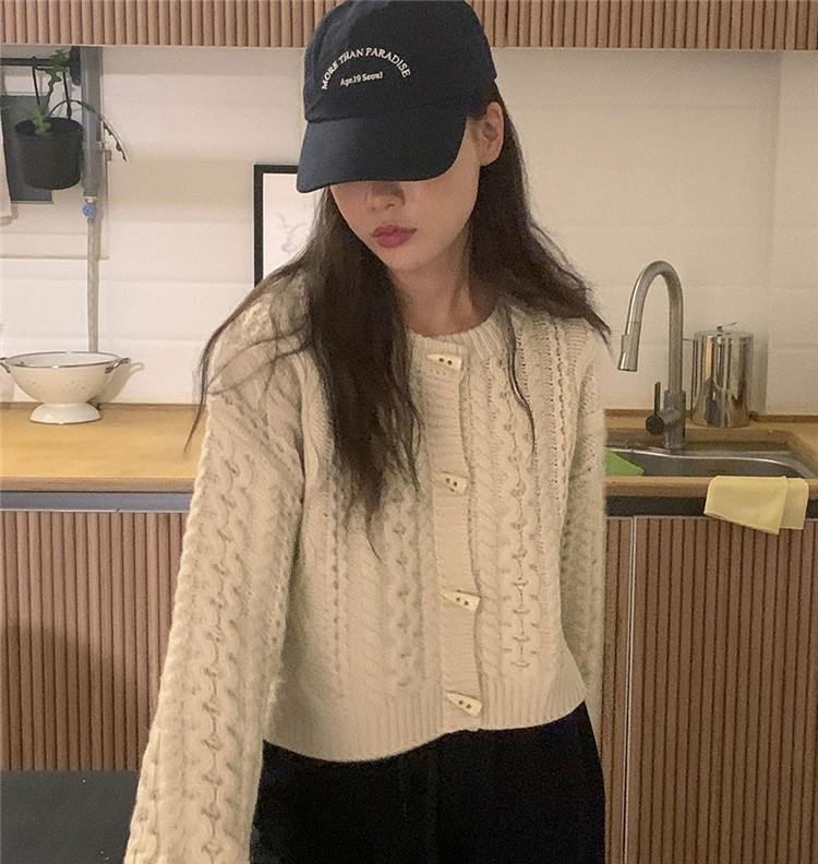 レディースカーディガン 麻の花模様 ショート丈 ケーブル編みカーディガン