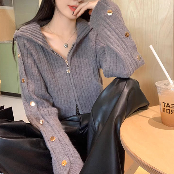 レディースカーディガン ショート丈 二重ファスナー ニット カーディガン フード付き 袖ボタン