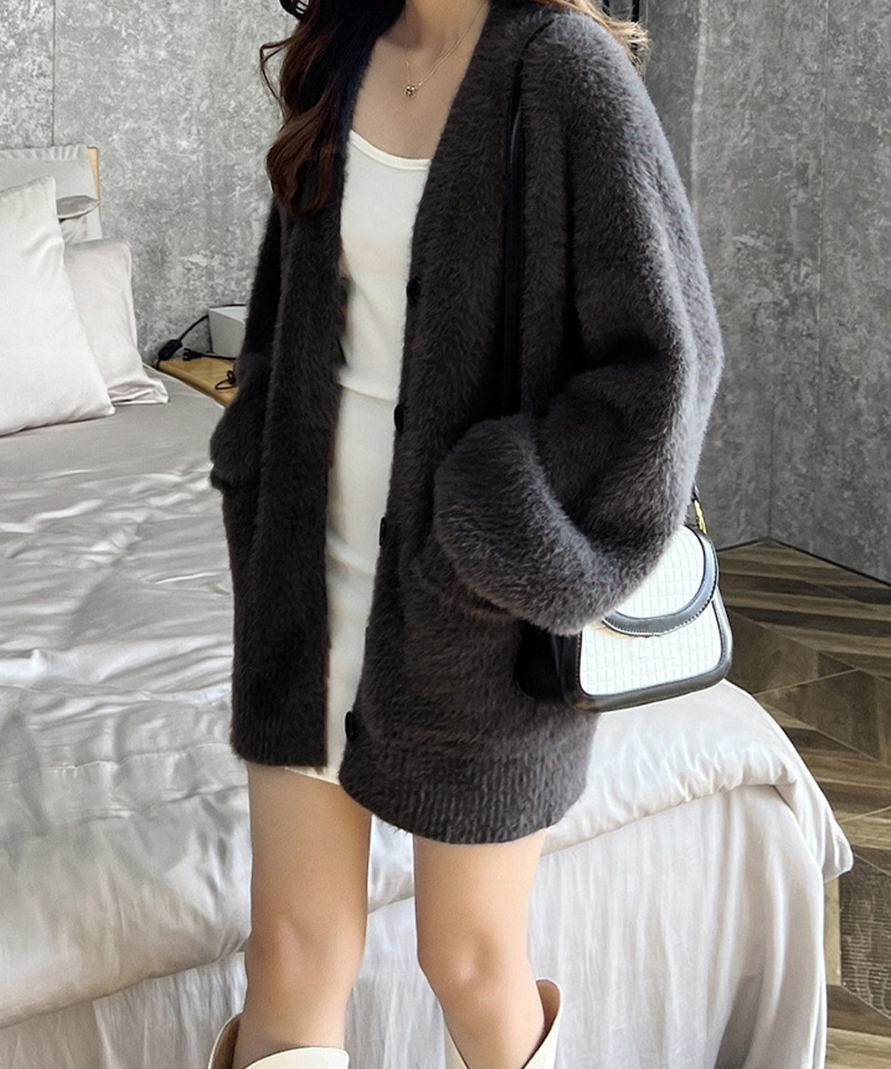 レディースカーディガン ミドル丈 もこもこシャギーニットカーディガン 