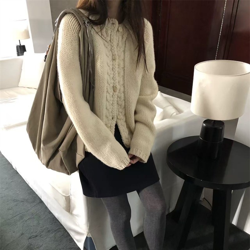 レディースカーディガン フランス風デザイン 上品ケーブル編み ショート丈 ニットカーディガン