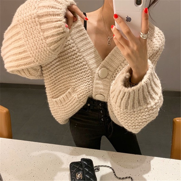 レディースカーディガン レトロ風ショート丈ニットカーディガン 暖かいニット素材