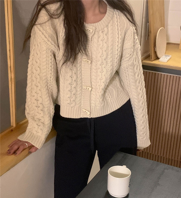 レディースカーディガン 麻の花模様 ショート丈 ケーブル編みカーディガン