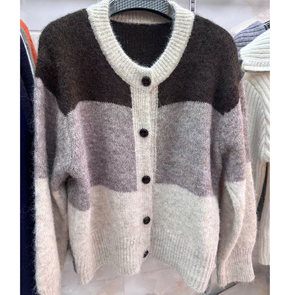 レディースカーディガン ショート丈 配色ニットカーディガン 丸襟 