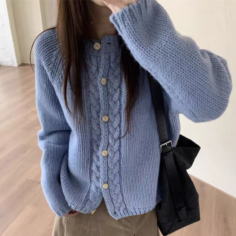 レディースカーディガン フランス風デザイン 上品ケーブル編み ショート丈 ニットカーディガン