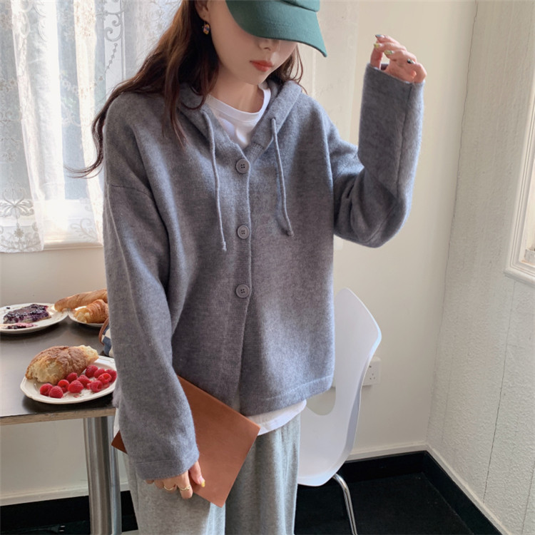 レディースカーディガン フード付きミドル丈ニットカーディガン レイヤード万能アイテム