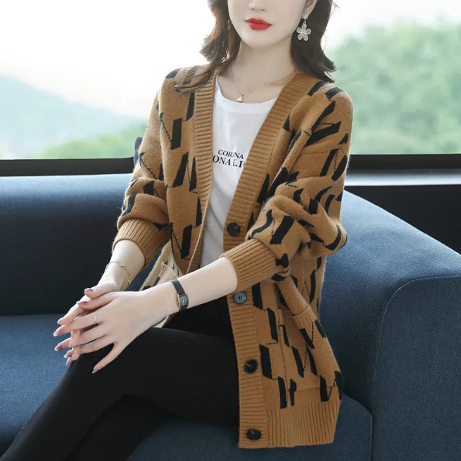 レディースカーディガン ミドル丈 モノグラム柄 ブイネック カーディガン 羽織り