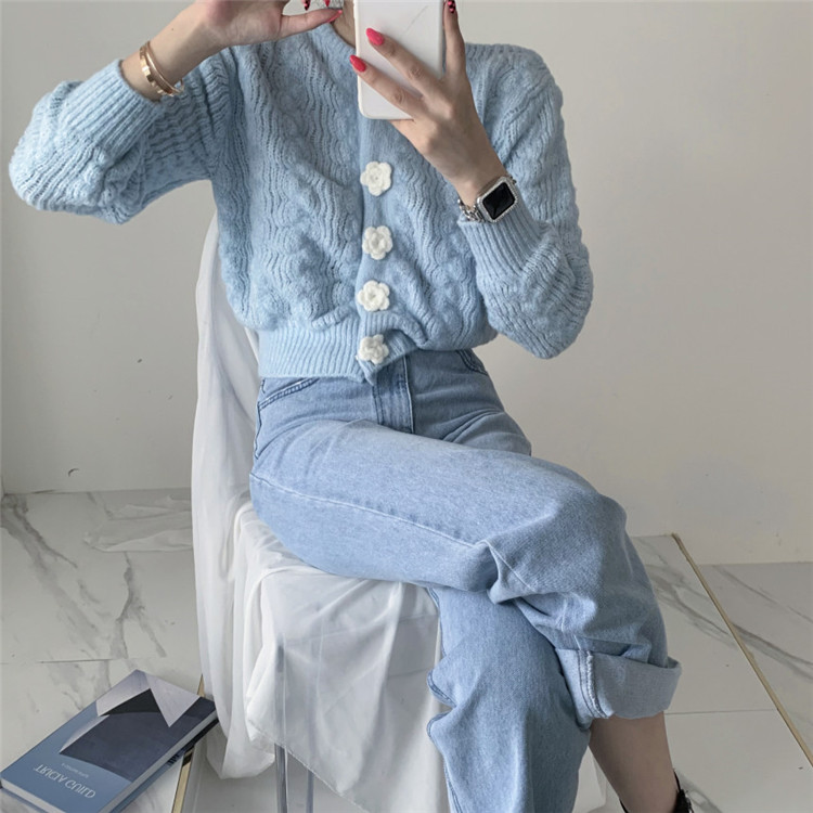 レディースカーディガン 花ボタン ショート丈 ニット カーディガン 秋冬 