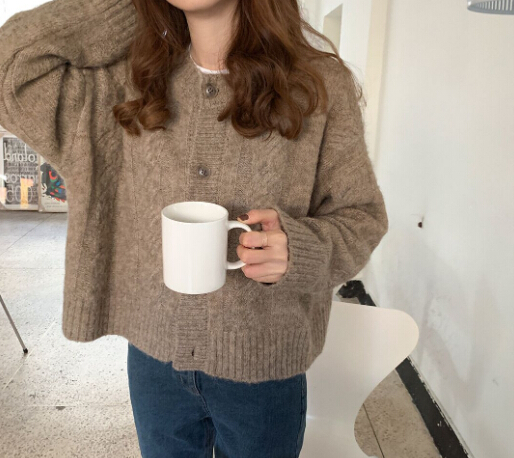 レディースカーディガン 秋冬ケーブル編みショート丈ニットカーディガン