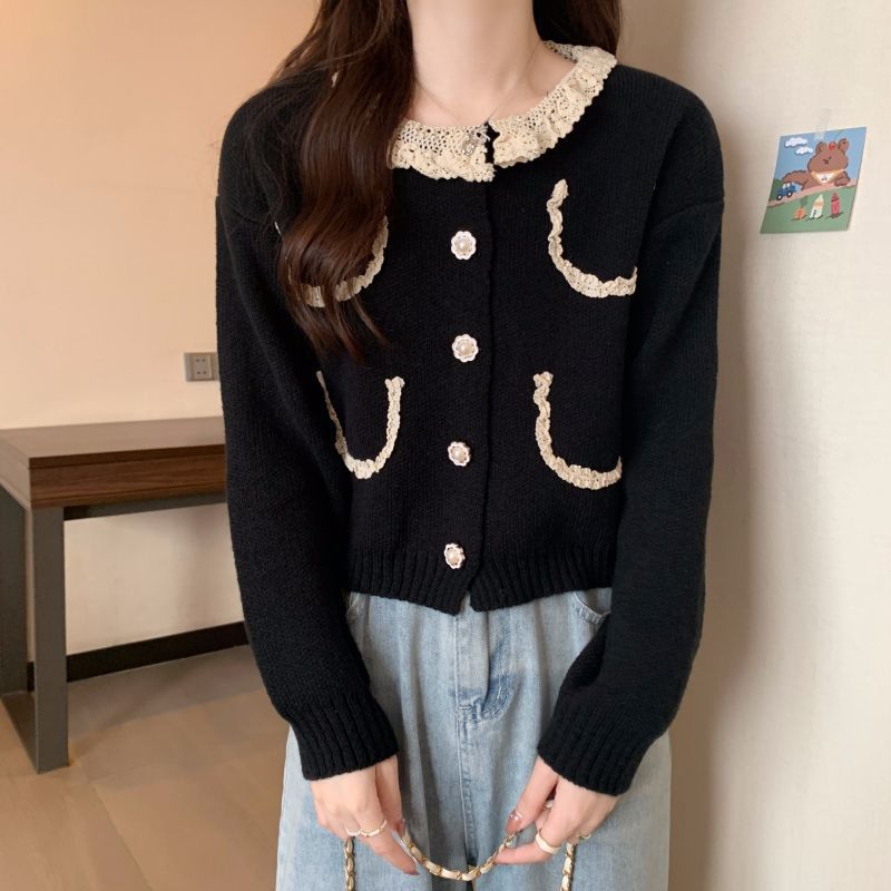 レディースカーディガン ショート丈 長袖ニットカーディガン レース襟