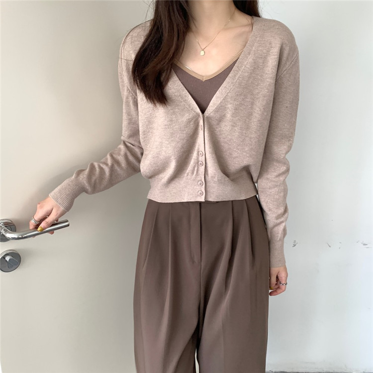 レディースカーディガン ショート丈ニットカーディガン シンプルレトロ風