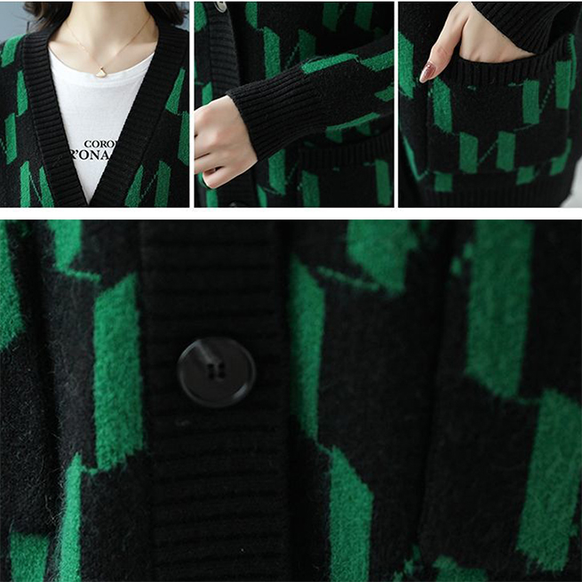 レディースカーディガン ミドル丈 モノグラム柄 ブイネック カーディガン 羽織り