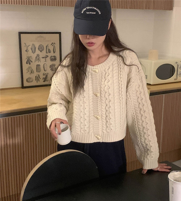 レディースカーディガン 麻の花模様 ショート丈 ケーブル編みカーディガン