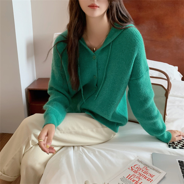 レディースカーディガン ショート丈フード付きニットカーディガン リブ編み純色