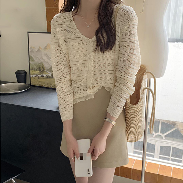 レディースカーディガン 透かし編みショート丈カーディガン長袖ニット