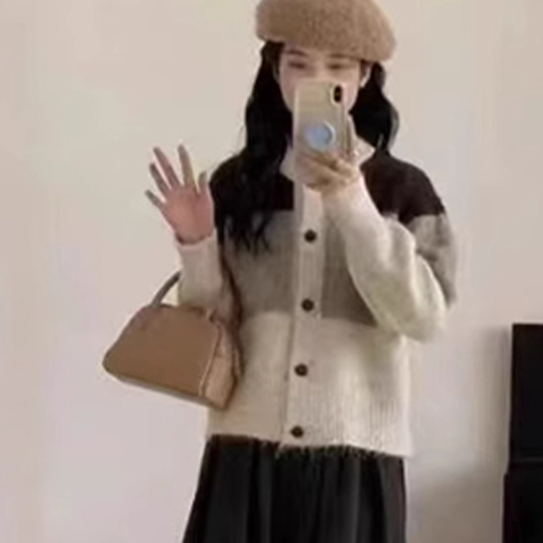 レディースカーディガン ショート丈 配色ニットカーディガン 丸襟 