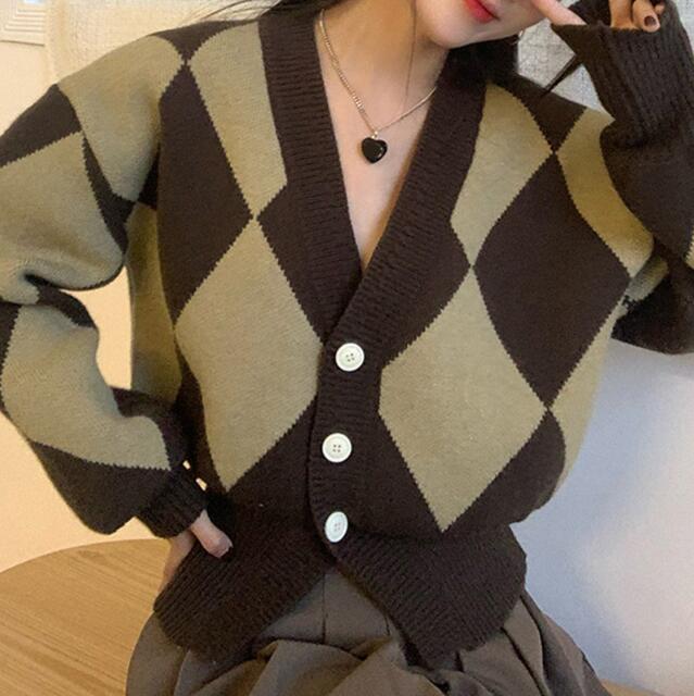 レディースカーディガン ショート丈ダイヤ柄ニットカーディガン レディース 3色展開