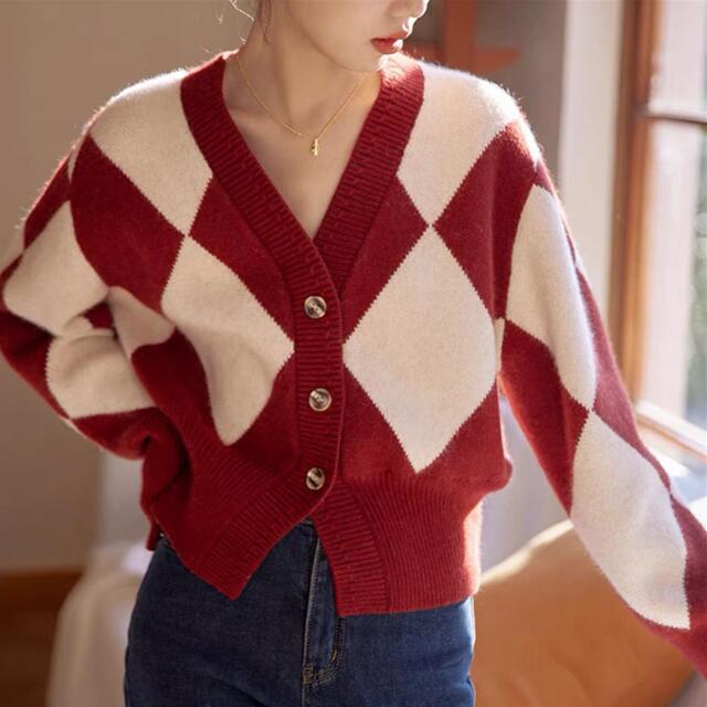 レディースカーディガン ショート丈ダイヤ柄ニットカーディガン レディース 3色展開