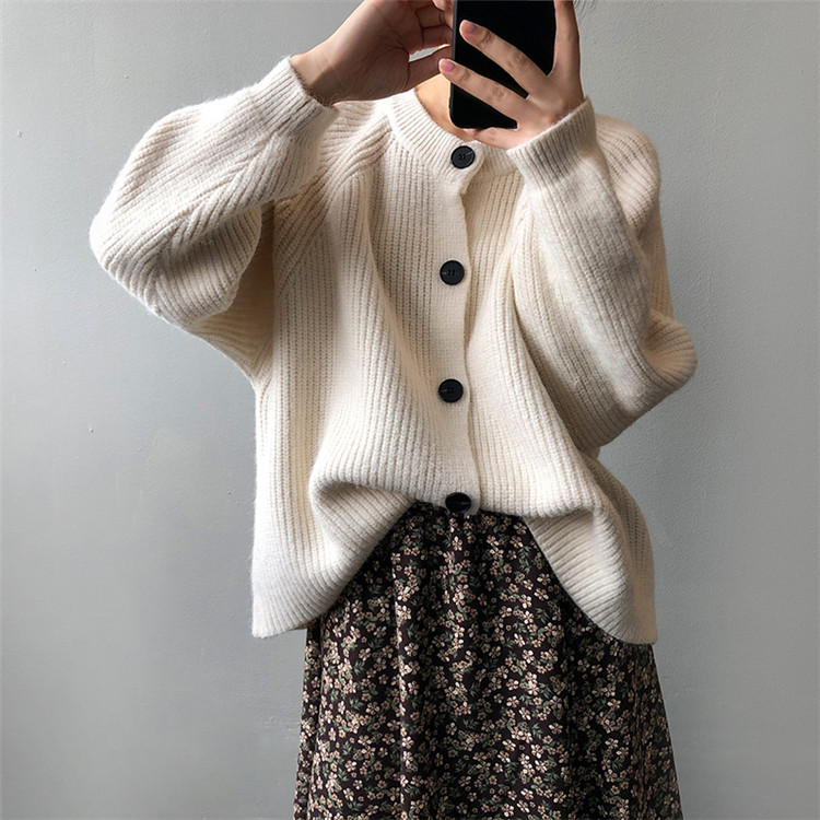 レディースカーディガン ゆったりシルエット ミドル丈 厚手ニット カーディガン