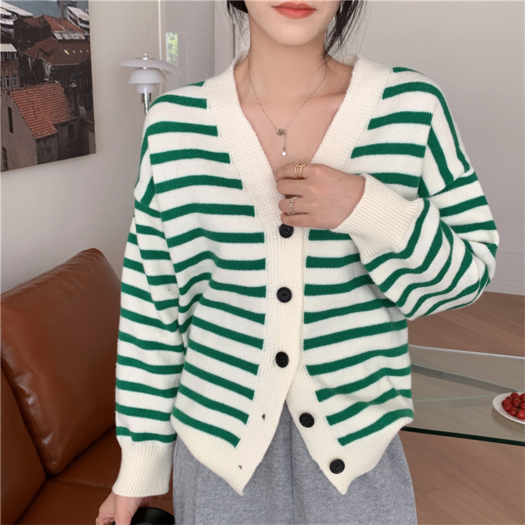 レディースカーディガン 上品ボーダー柄ショート丈カーディガン