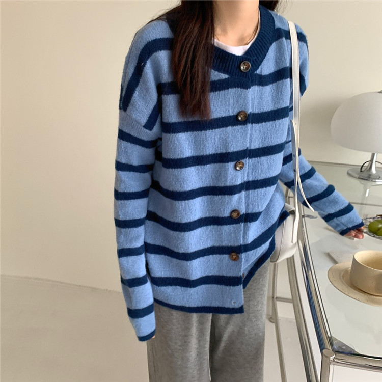 レディースカーディガン おしゃれ ボーダー柄 ミドル丈 ニットカーディガン