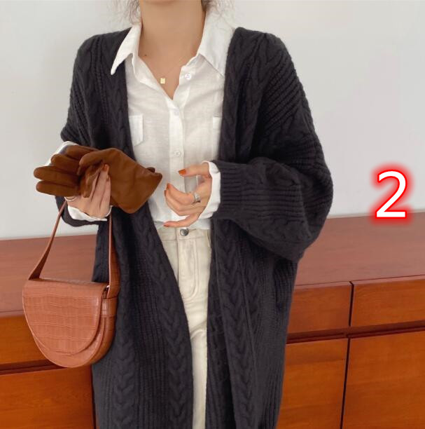 レディースカーディガン 秋冬ロング丈ケーブル編みニットカーディガン