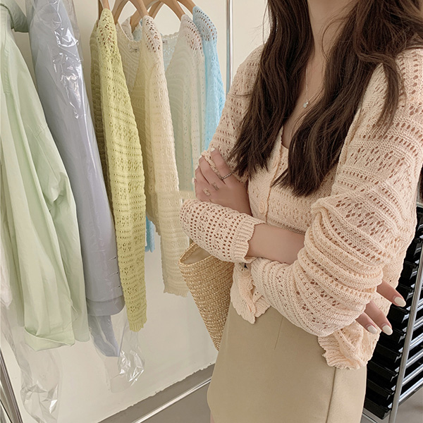 レディースカーディガン 透かし編みショート丈カーディガン長袖ニット