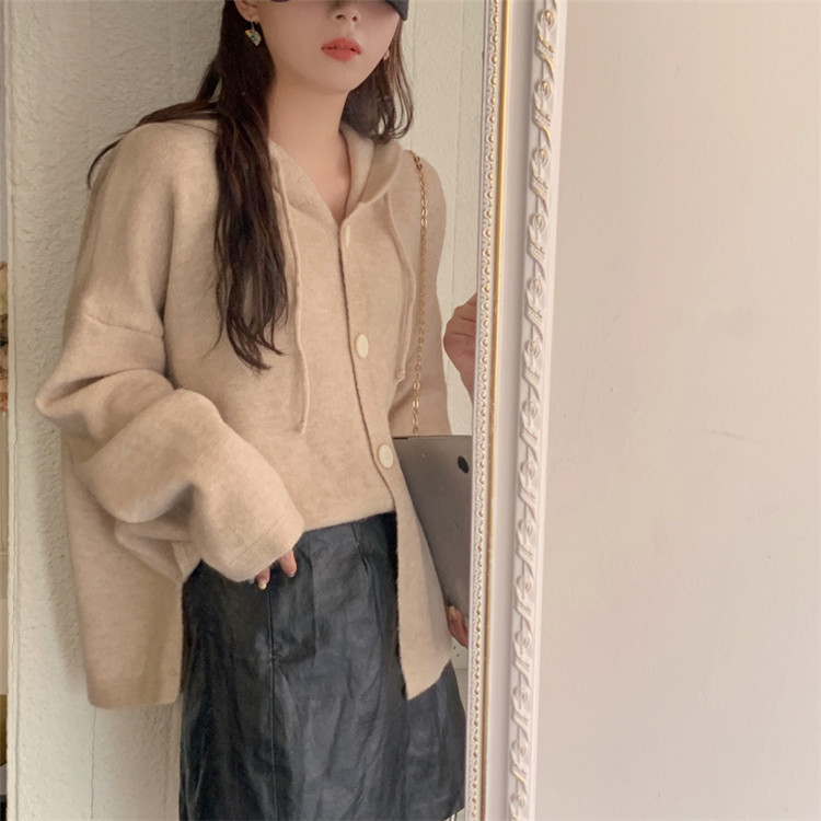 レディースカーディガン フード付きミドル丈ニットカーディガン レイヤード万能アイテム