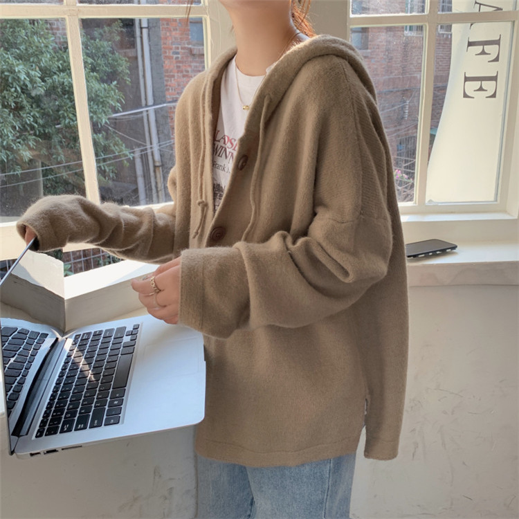 レディースカーディガン フード付きミドル丈ニットカーディガン レイヤード万能アイテム